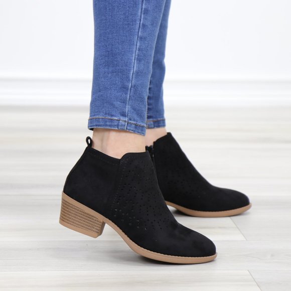 Black Suede Ankle Boots Laser Cut Design - Picture 7 of 12